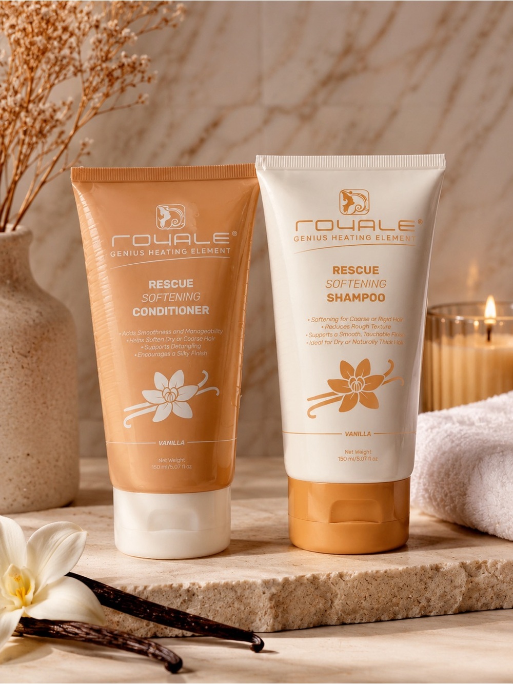 Royale Genius Heating Element Rescue Softening Shampoo & Conditioner-Vanilla